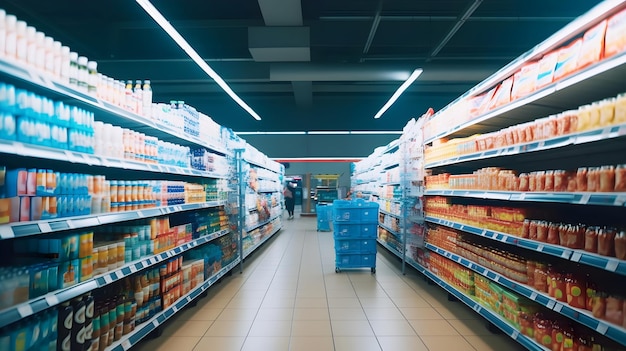 Pasillo de un supermercado con un carrito de pan