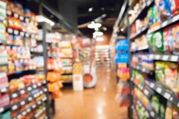 Pasillo de supermercado y estantes de productos abstracto desenfoque de fondo desenfocado