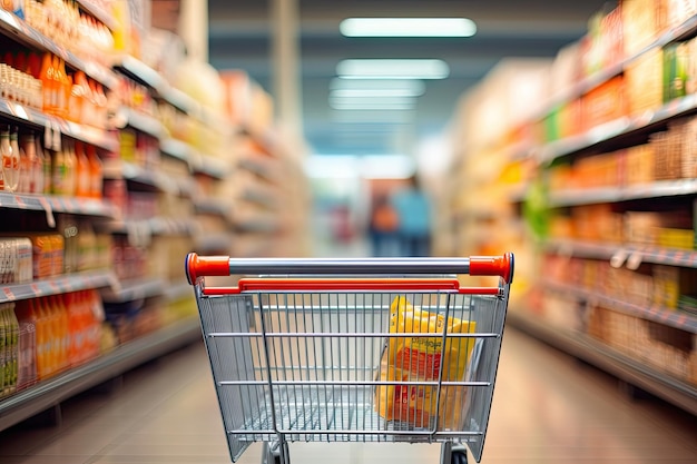 Pasillo de supermercado de fondo de tienda por departamentos borroso con carro