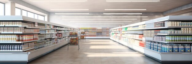 Foto pasillo del supermercado con productos en los estantes coloridos