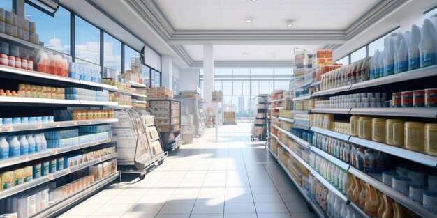 pasillo del supermercado con productos en los estantes coloridos