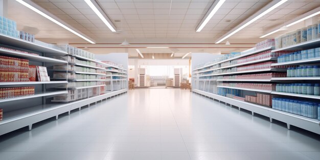 pasillo del supermercado con productos en los estantes coloridos