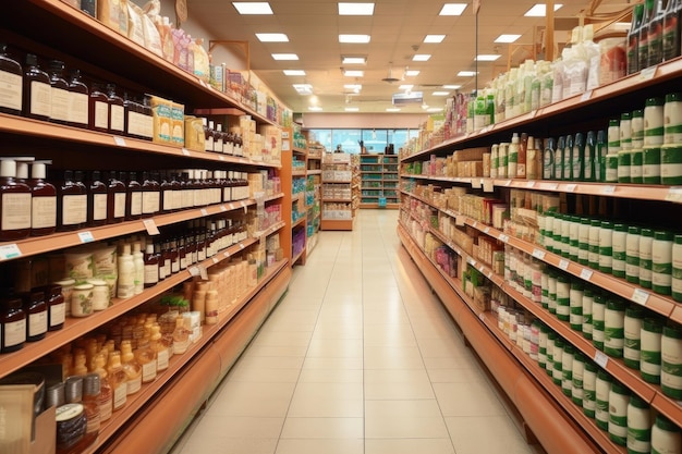 Pasillo de supermercado con productos de limpieza y belleza ecológicos creados con ai generativa