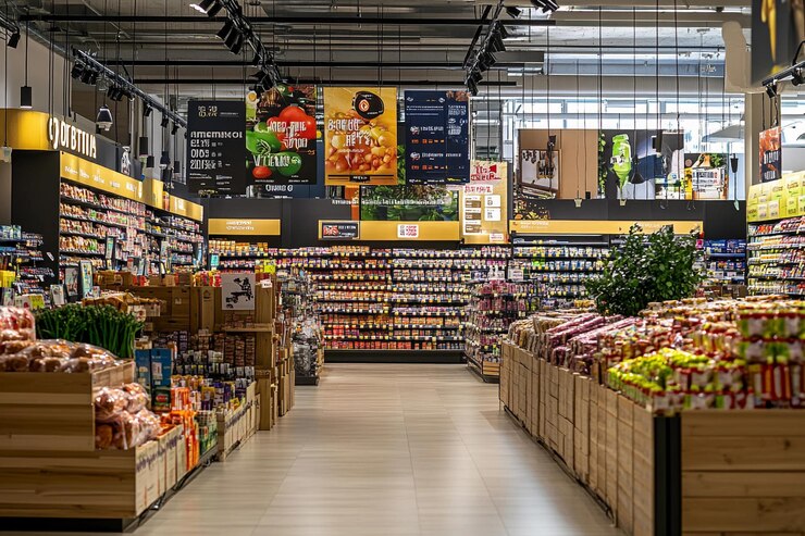 Pasillo de la tienda de comestibles brillantemente iluminado lleno de productos coloridos y productos envasados IA generativa