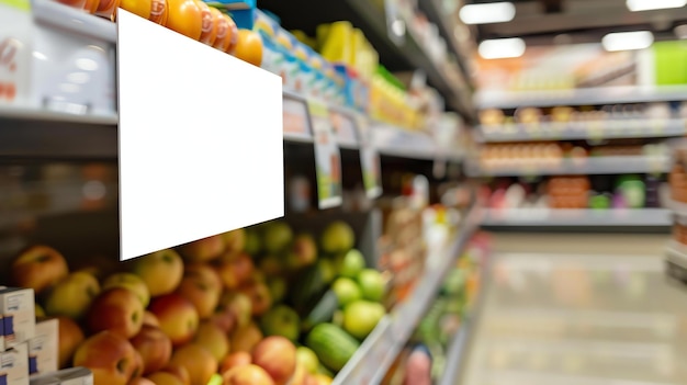 Un pasillo de una tienda de comestibles con un letrero en blanco en primer plano Hay estantes de alimentos en el fondo