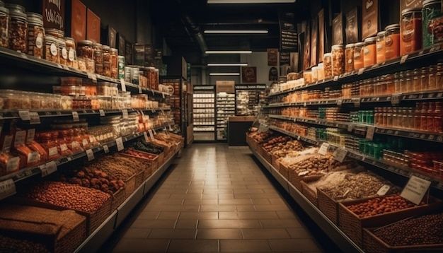 El pasillo de una tienda de comestibles con un letrero que dice "pan"