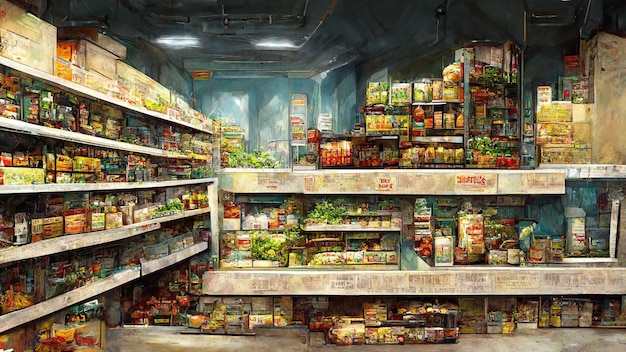 Pasillo de la tienda de comestibles del supermercado con productos