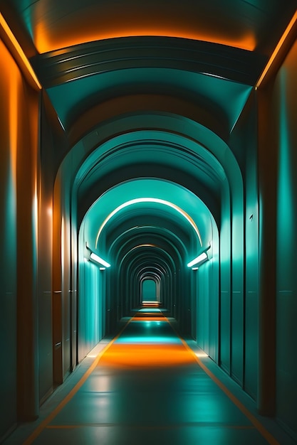 Pasillo de túnel iluminado Duotono Verde azulado y naranja Arquitectura de edificio industrial Dramat de ciencia ficción