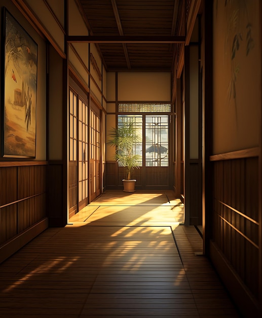 Pasillo vacío de casa japonesa tradicional con minimalismo de flores en el interior AI Generativo