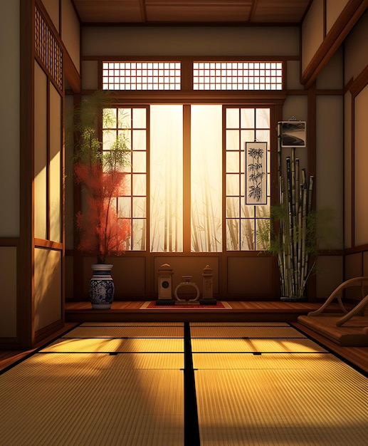 Pasillo vacío de casa tradicional japonesa y minimalismo de tatami en interior IA generativa