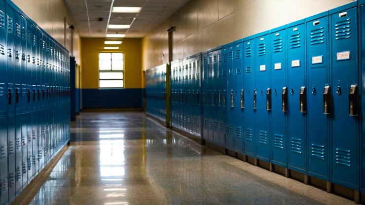 Un pasillo vacío de la escuela con una larga fila de casilleros de metal azul
