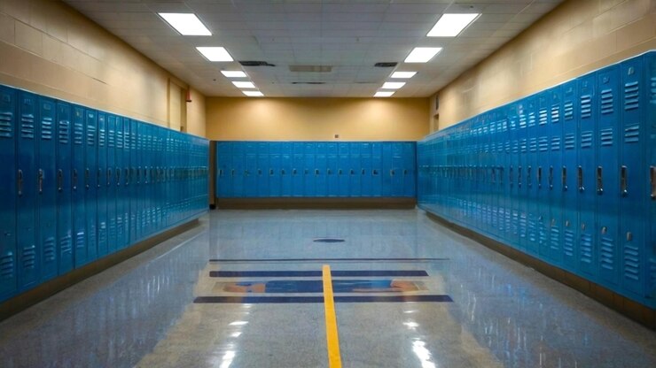 Un pasillo vacío de la escuela con una larga fila de casilleros de metal azul
