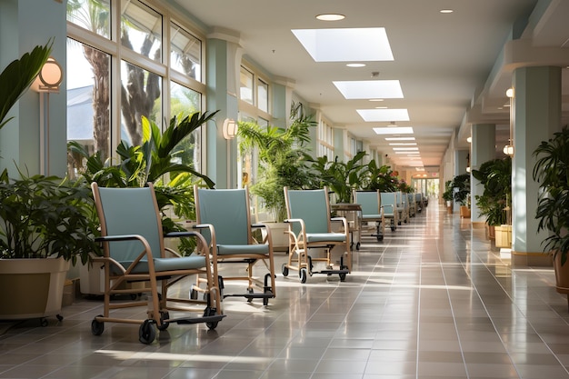 Pasillo vacío con sillas y plantas en un hospital