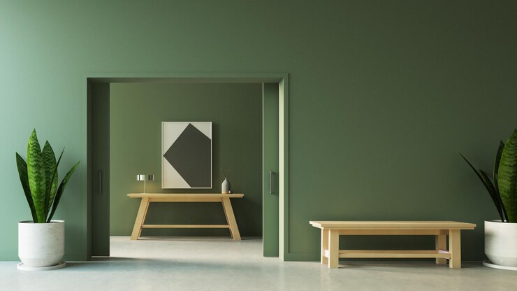 Pasillo y vestíbulo del vestíbulo de la pared verde - representación 3D