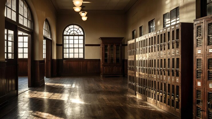 Un pasillo vintage de la escuela con casilleros de madera anticuados