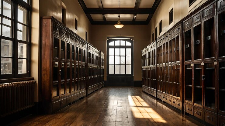 Un pasillo vintage de la escuela con casilleros de madera anticuados