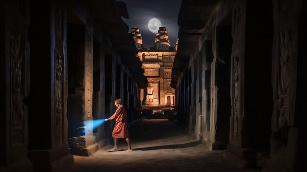 Foto los pasillos a la noche del templo de kom ombo con el traje tradicional