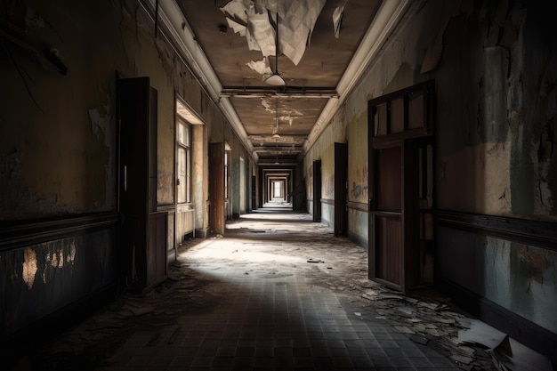 Los pasillos tenuemente iluminados de un asilo abandonado con sombras al acecho en las esquinas