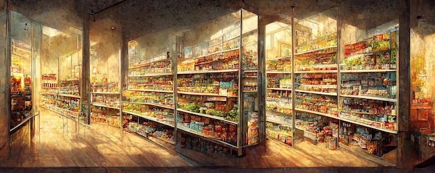 Pasillos de la tienda del supermercado con paquetes de productos alimenticios en estanterías ilustración digital