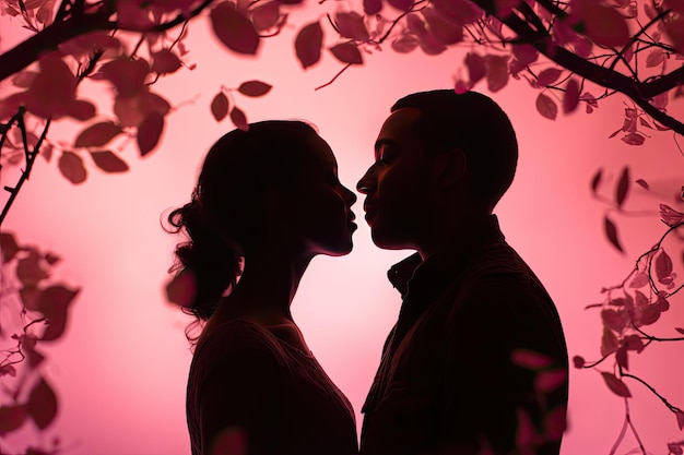 Pasión en el día de San Valentín silueta de pareja con corazones en fondo rosa generativo IA