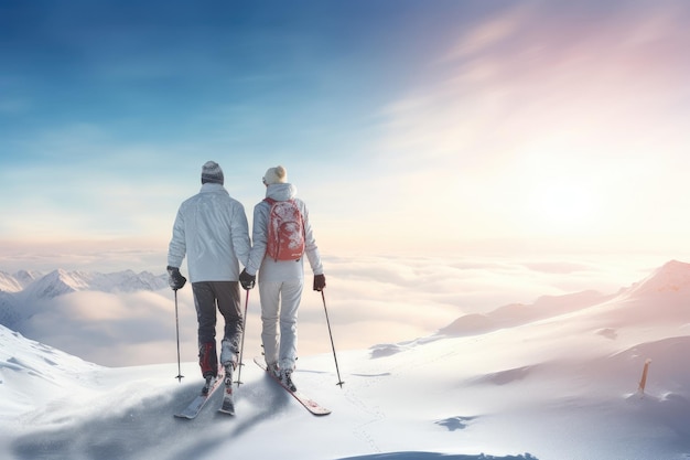 Pasión por el esquí con el telón de fondo de hermosas montañas nevadas.