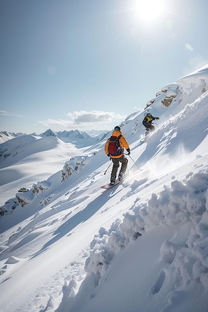 Pasión por el esquí con el telón de fondo de hermosas montañas nevadas