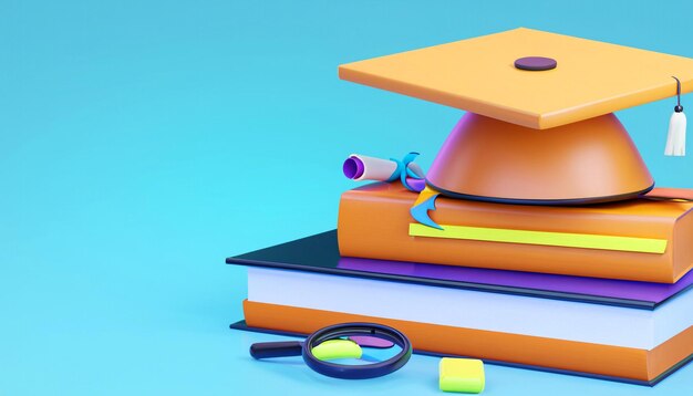 Un paso hacia el éxito Libros escolares Accesorios y vibraciones de graduación en renderización 3D azul claro