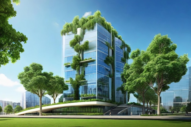 Foto un paso hacia el futuro con nuestro edificio de oficinas de vidrio ecológico que se mezcla perfectamente