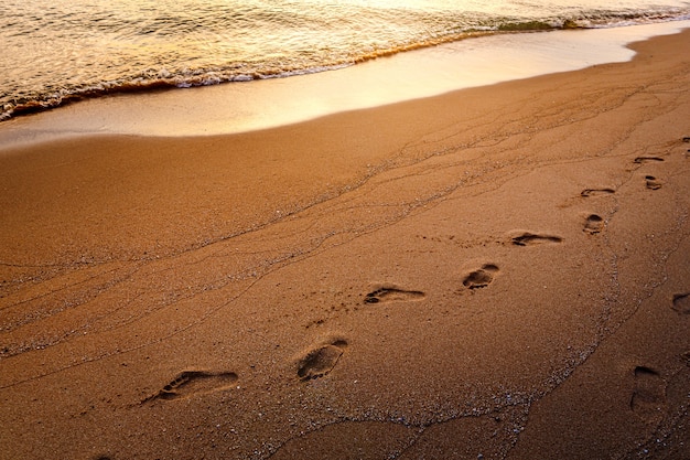 Paso huellas en la arena de la playa por la mañana