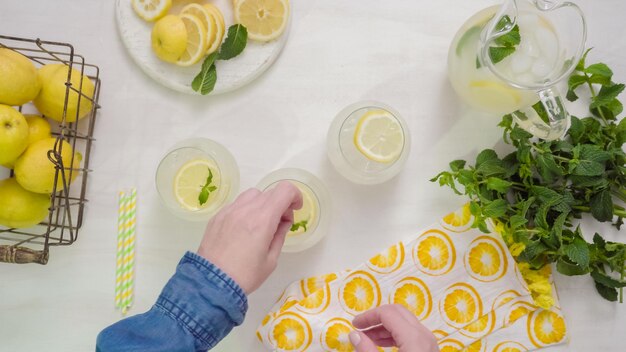 Paso a paso. Adornar limonada fresca tradicional con rodajas de limón y menta.