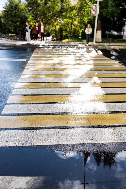 Paso de peatones en la carretera por seguridad cuando las personas que caminan cruzan la calle paso de peatones en una repa ...