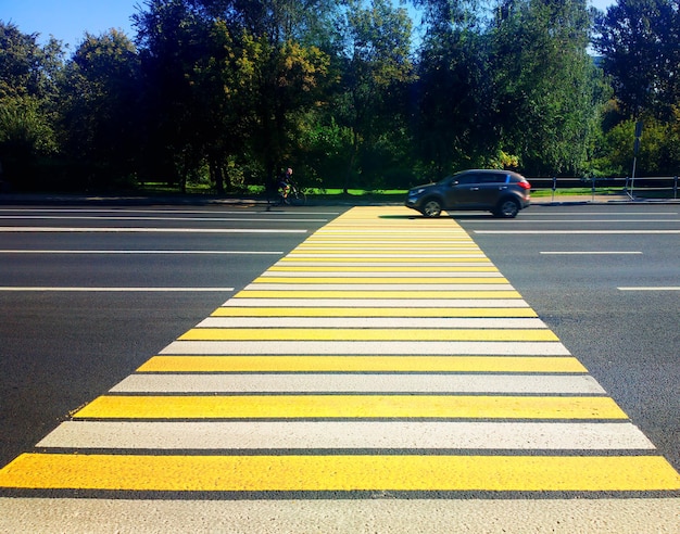 Paso de peatones con fondo de transporte de coches y bicicletas