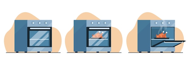 Pasos para cocinar pollo en el horno Alimentos dentro y a puerta abierta Comida del Día de Acción de Gracias Pavo horneado Máquina electrónica para platos caseros Concepto de vector aislado de estilo plano de dibujos animados