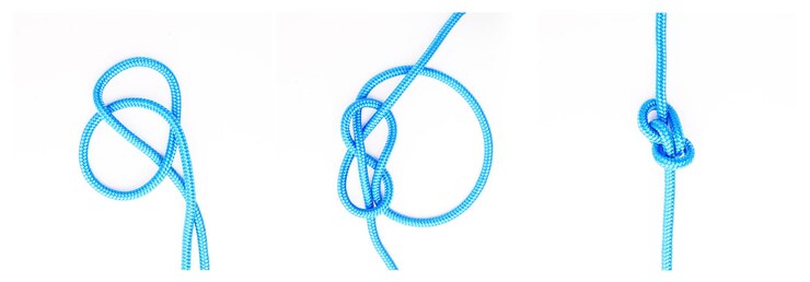 Foto pasos de guía o cómo atar cuerdas en fondo blanco en el estudio para instrucciones de seguridad o seguridad nudo de material y diseño de color para cuerdas herramientas técnicas o aprendizaje para la lección de cable de supervivencia