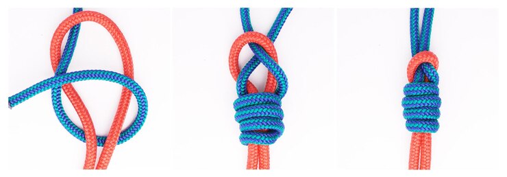 Foto pasos de guía o cómo atar un nudo en fondo blanco en el estudio para instrucciones de seguridad o seguridad materiales, cuerdas y diseño de colores para cuerdas herramientas técnicas o aprendizaje para la lección de cable de supervivencia