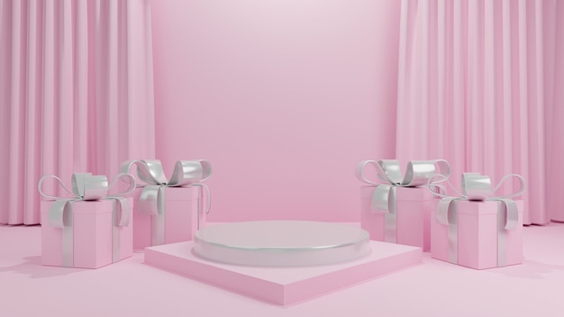 Pasos de pedestal blanco con cinta de plata caja de regalo en cortina rosa