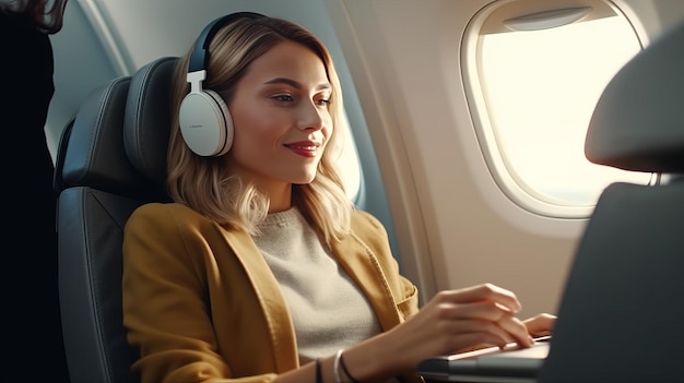 passageira de avião sentada em um assento confortável ouvindo música em fones de ouvido enquanto trabalha em um laptop moderno