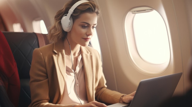 Passageira empresária sentada no assento do avião trabalhando on-line enquanto viaja com computador