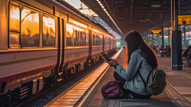 Passageira usa smartphone enquanto espera o trem partir da estação ferroviária Generative AI