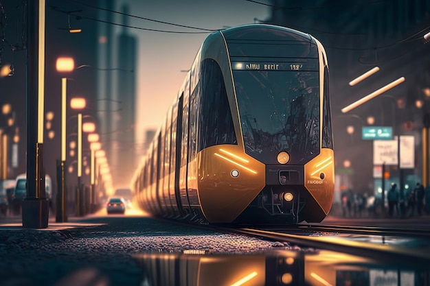 Passageiro de metrô elétrico na cidade futurista moderna Metrô da estação ferroviária O trem dirige em alta velocidade paisagem urbana Gerar Ai
