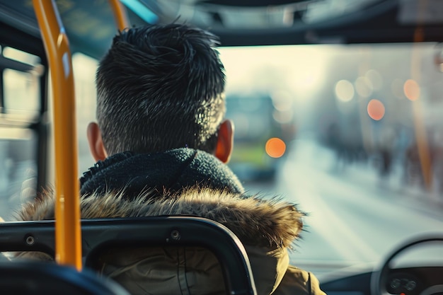 Passageiro em um ônibus olhando para a frente na rua da cidade