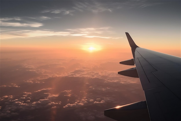 Passageiros avião comercial voando acima das nuvens na luz do pôr-do-sol Conceito de férias de viagem rápida