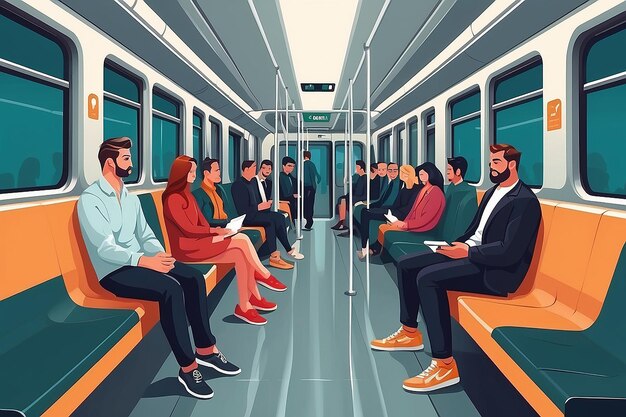 Passageiros de transporte público Homens e mulheres sentados e de pé em um vagão moderno do metrô