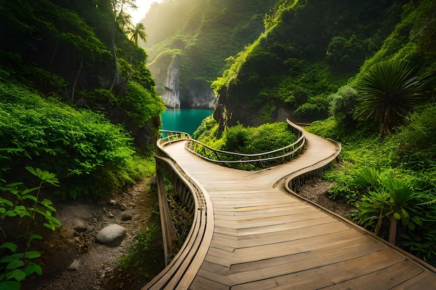 Passagem de madeira para uma cachoeira