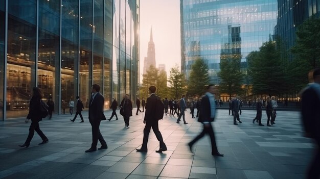 Foto passagem de tempo de pessoas de negócios caminhando na cidade efeito borrão escritório arranha-céu