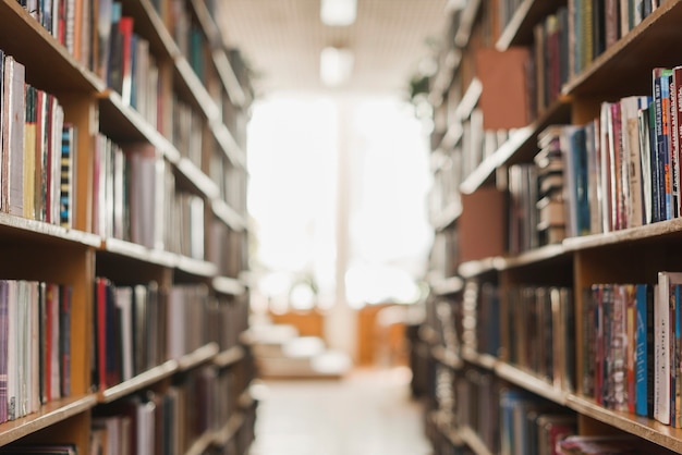 Foto passagem entre estantes da biblioteca