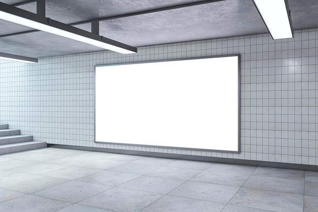Foto passagem subterrânea moderna com lâmpadas de teto de outdoors vazios e escadas renderização 3d de telhas de metrô