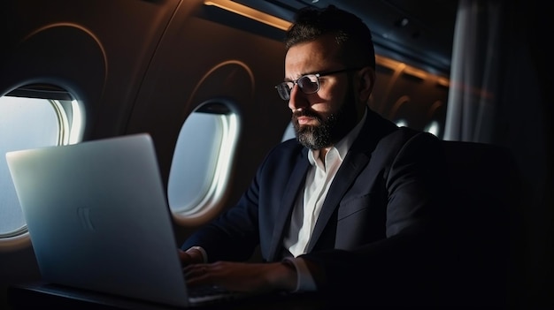 Passagier auf einem Flug mit einem Laptop Generative KI