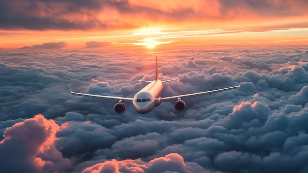 Foto passagiere eines verkehrsflugzeugs, das im abendlicht über den wolken fliegt. konzept für schnelle urlaubs- und geschäftsreisen