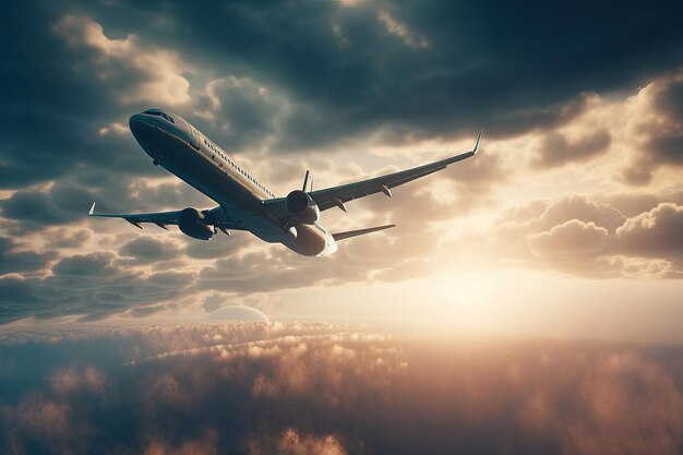 Foto passagierflugzeug am bewölkten himmel mit generativer ki der sonne